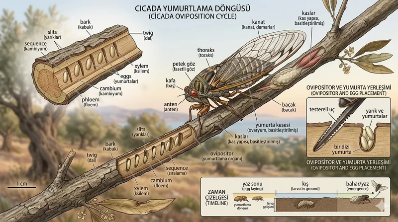Dişi ağustos böceği ince dal üzerinde ovipositor ile yumurta bırakırken