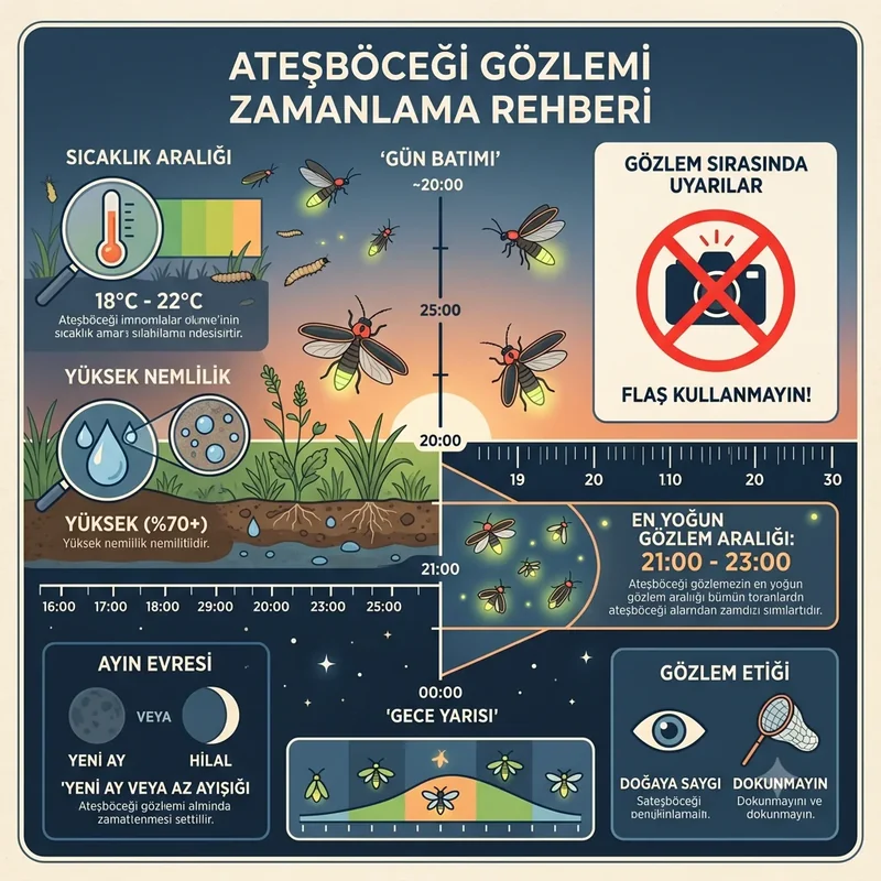 Ateşböceği gözleminde saat, sıcaklık, nem ve yeni ay ilişkisini gösteren saha notu tarzı bilimsel infografik