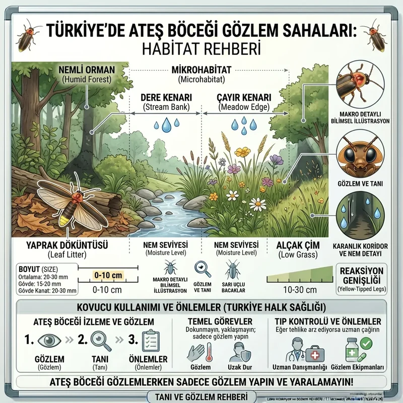 Ateşböceğinin yaşam alanını anlatan nemli orman, dere kıyısı ve çayır geçişini gösteren saha tipi görsel düzen