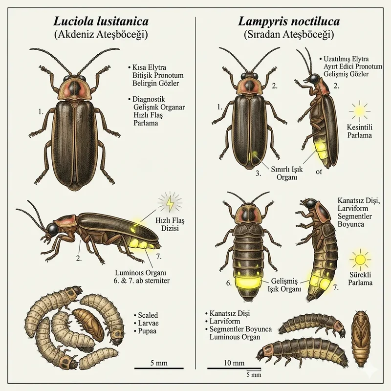 Luciola lusitanica ile Lampyris noctiluca için ölçü çubuğu, dorsal ve lateral görünüm ve ayırt edici ışık davranışı içeren specimen plate