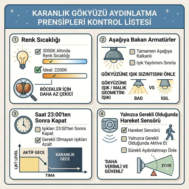 DarkSky ilkeleri: sıcak renk, aşağı yön, saat kısıtı ve sensör