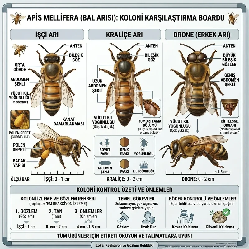 Apis mellifera specimen plate — işçi, kraliçe ve drone
