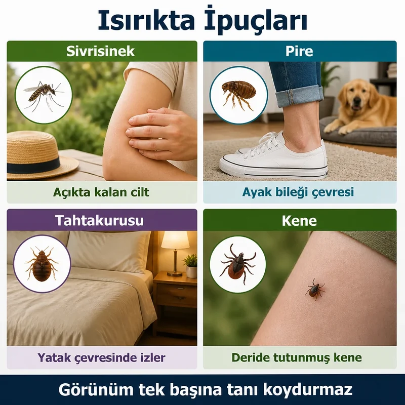 Sivrisinek, pire, tahtakurusu ve kene temasına dair ipuçlarını karşılaştıran dört bölümlü eğitim görseli