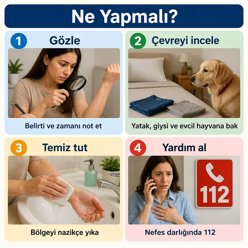 Böcek ısırığı şüphesinde cildi gözleme, çevreyi kontrol etme ve yardım arama adımlarını gösteren şema