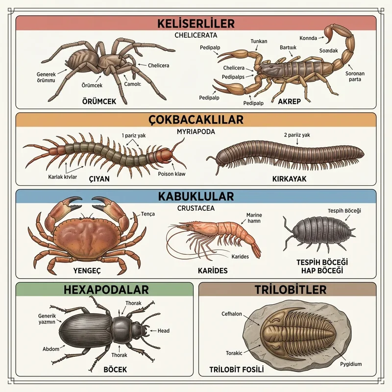 Arthropoda alt şubeleri Chelicerata Myriapoda Crustacea Hexapoda ve Trilobita karşılaştırması