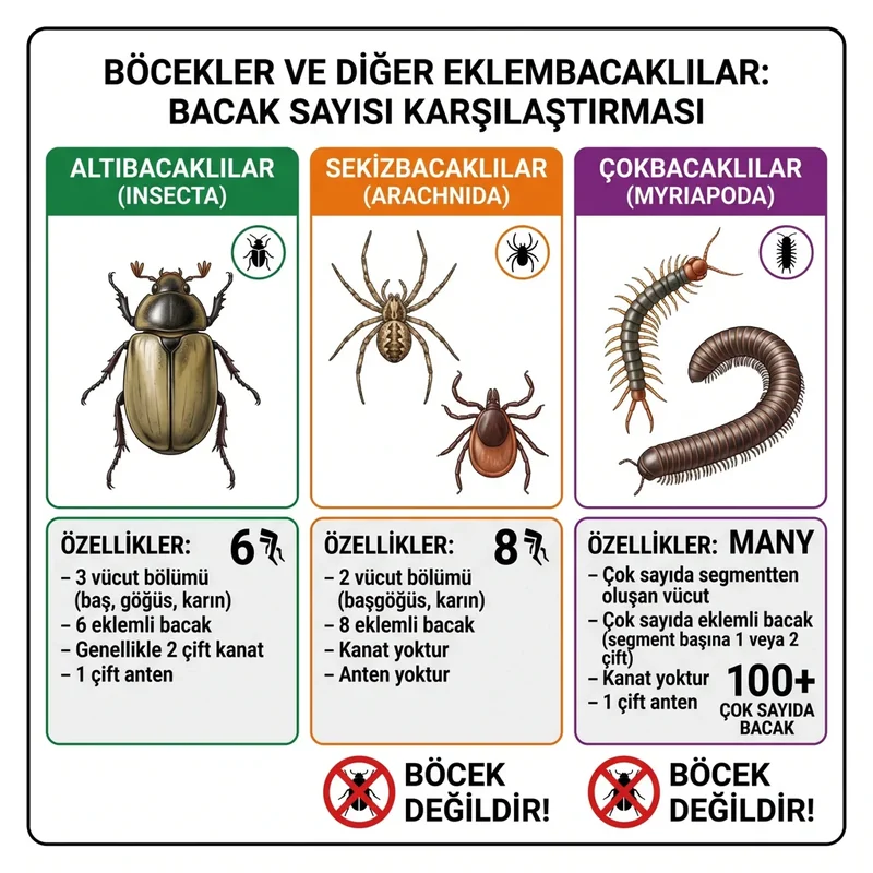 Altı bacak sekiz bacak ve çok bacak ayrımını gösteren böcek yanılgısı posteri