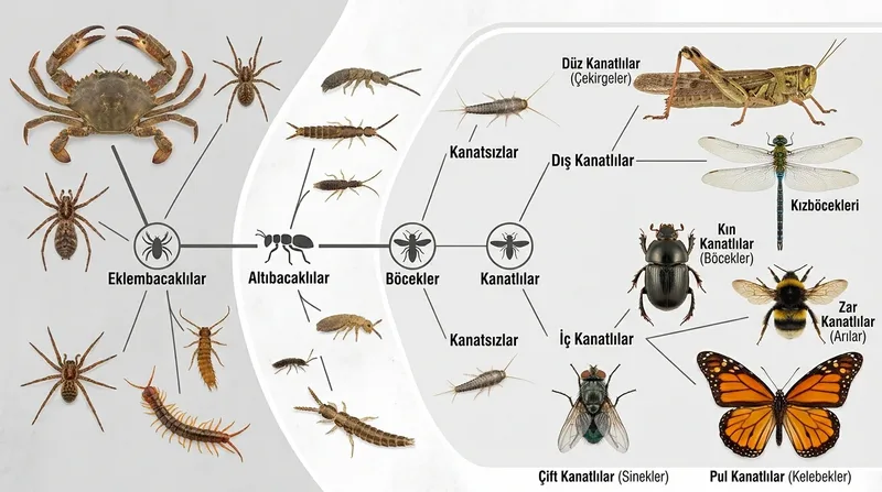 Böcek nedir sorusunu anlatan taksonomik ağaç ve farklı böcek gruplarından bilimsel montaj