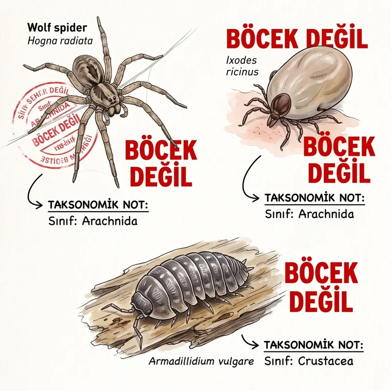 Örümcek kene ve tespih böceği üçlüsünün böcek olmadığını anlatan kaptan yanılgı görseli