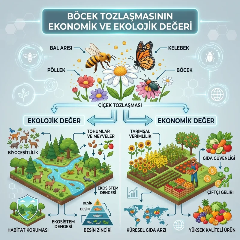 Böceklerin polinasyon gıda üretimi ve ekosistem hizmetindeki ekonomik değerini anlatan infografik