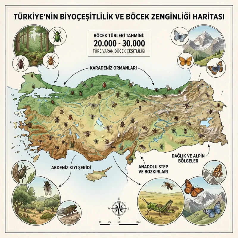Türkiye böcek biyoçeşitliliğini Akdeniz Karadeniz bozkır ve dağ kuşaklarıyla gösteren harita
