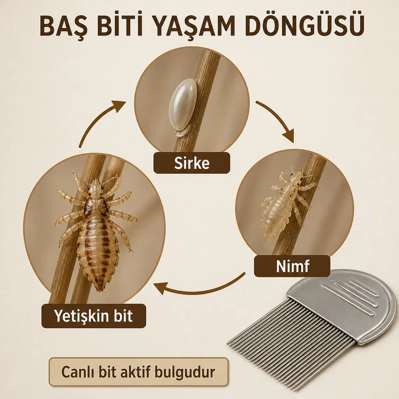 Baş biti yaşam döngüsü: sirke, nimf ve yetişkin Pediculus humanus capitis aşamaları