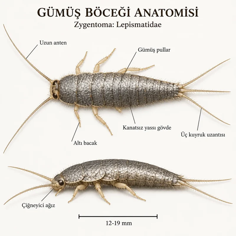 Gümüş böceği anatomisi: gümüş pullar, uzun anten, altı bacak, kanatsız gövde ve üç kuyruk uzantısı