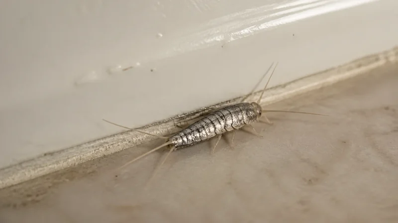 Evde gümüş böceği (Lepisma saccharina) banyo süpürgeliği yanında gümüş renkli kanatsız böcek görünümü