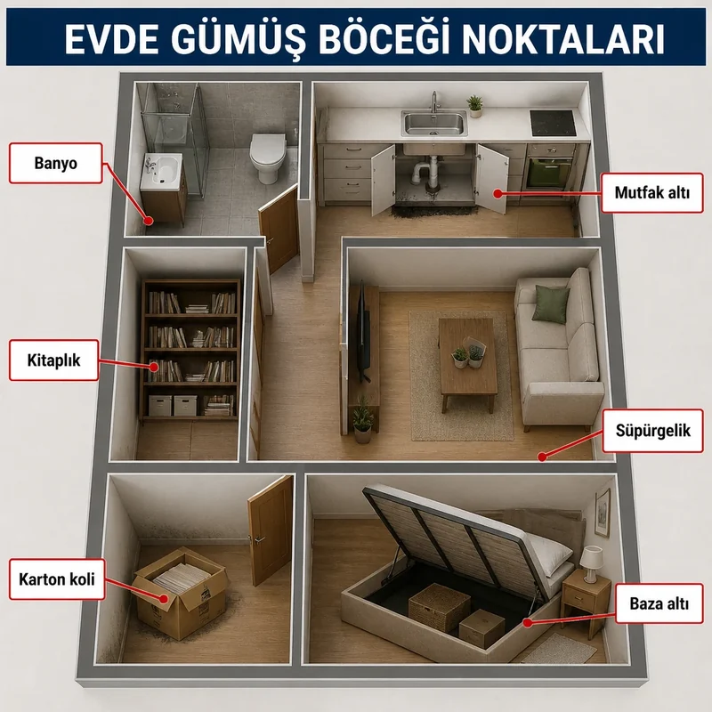 Evde gümüş böceği saklanma noktaları: banyo, mutfak altı, süpürgelik, kitaplık ve karton koli çevresi