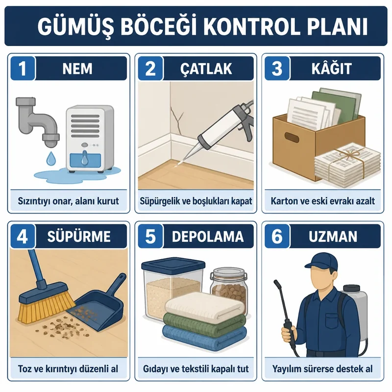 Gümüş böceği kontrol planı: nemi düşürme, çatlak kapatma, kâğıt azaltma, süpürme, kuru depolama ve uzman desteği