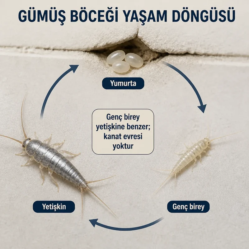 Gümüş böceği yaşam döngüsü: yumurta, genç birey ve yetişkin evreleri ev içi çatlak hattında gösterilir