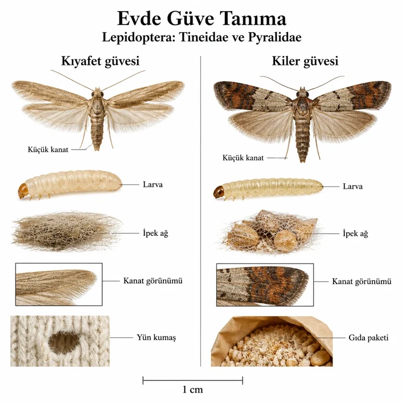 Kıyafet güvesi ve kiler güvesi karşılaştırması: küçük kanatlı yetişkin, larva ve kanat görünümü