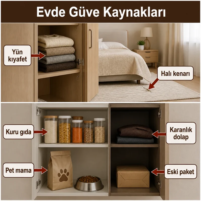 Evde güve kaynakları: yün kıyafet, halı kenarı, kuru gıda paketi, pet mama ve karanlık dolap
