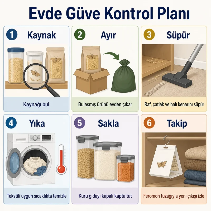 Evde güve kontrol planı: kaynak bulma, bulaşmış ürünü ayırma, süpürme, yıkama, kapalı saklama ve takip