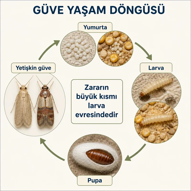 Evde güve yaşam döngüsü: yumurta, larva, pupa ve yetişkin güve aşamaları