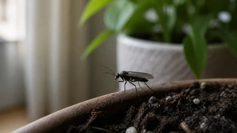 Evde mantar sineği (Sciaridae) nemli saksı toprağının üzerinde görülen küçük koyu renkli sinek