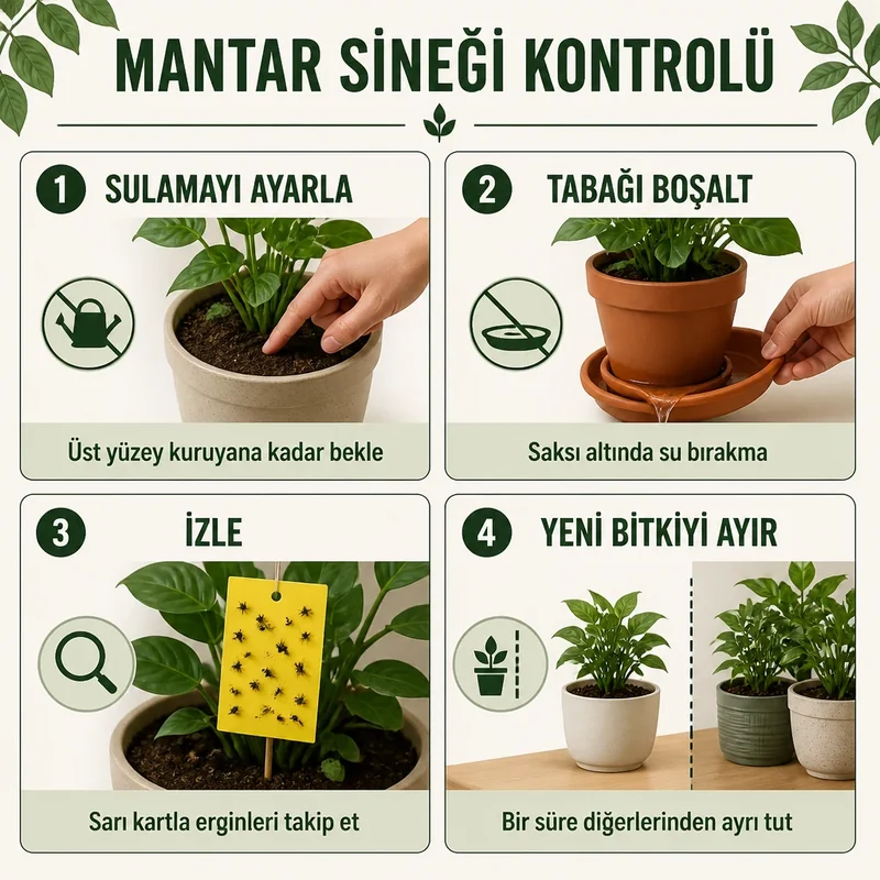 Evde mantar sineği kontrol adımları: sulamayı ayarla, tabağı boşalt, sarı kartla izle ve yeni bitkiyi ayır