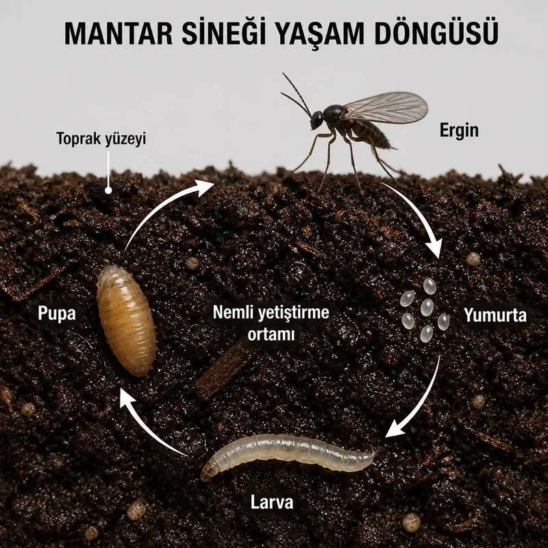 Mantar sineğinin yaşam döngüsü: topraktaki yumurta ve larva, pupa ve uçan ergin evresi