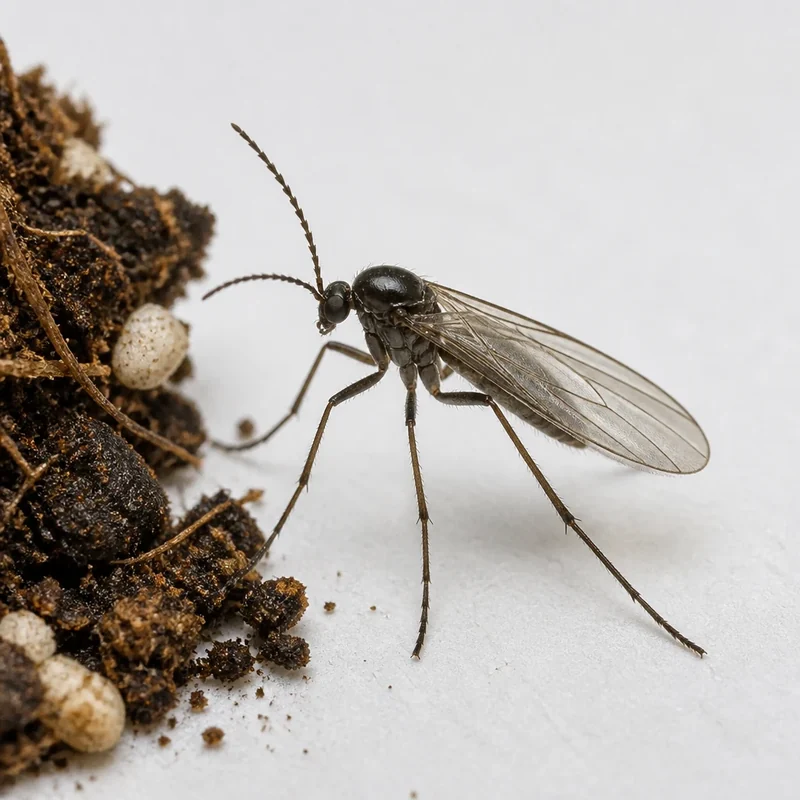 Mantar sineği yetişkini (Sciaridae): ince koyu gövde, uzun bacaklar ve saydam kanatlarla saksı toprağı üzerinde