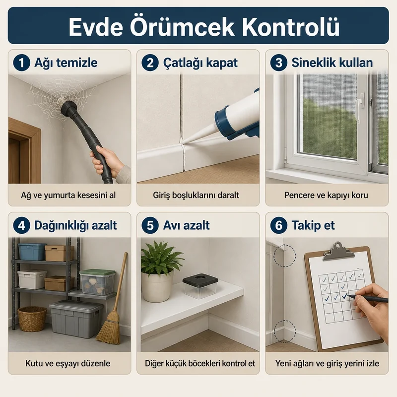 Evde örümcek kontrolü: ağları temizleme, çatlakları kapatma ve pencere sinekliği kullanma adımları
