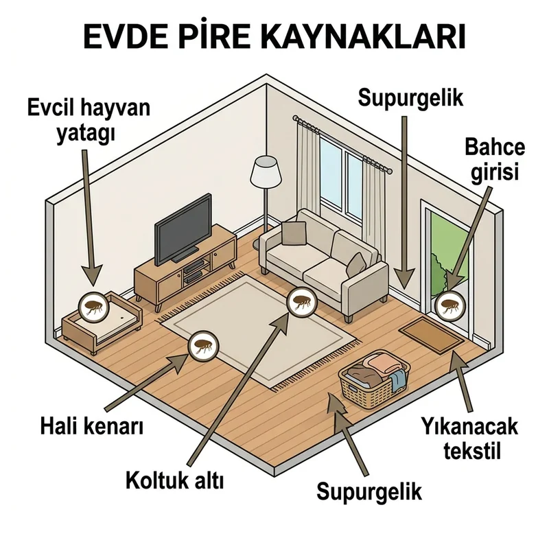 Evde pire kaynakları: evcil hayvan yatağı, halı kenarı, koltuk altı, süpürgelik ve bahçe geçişi