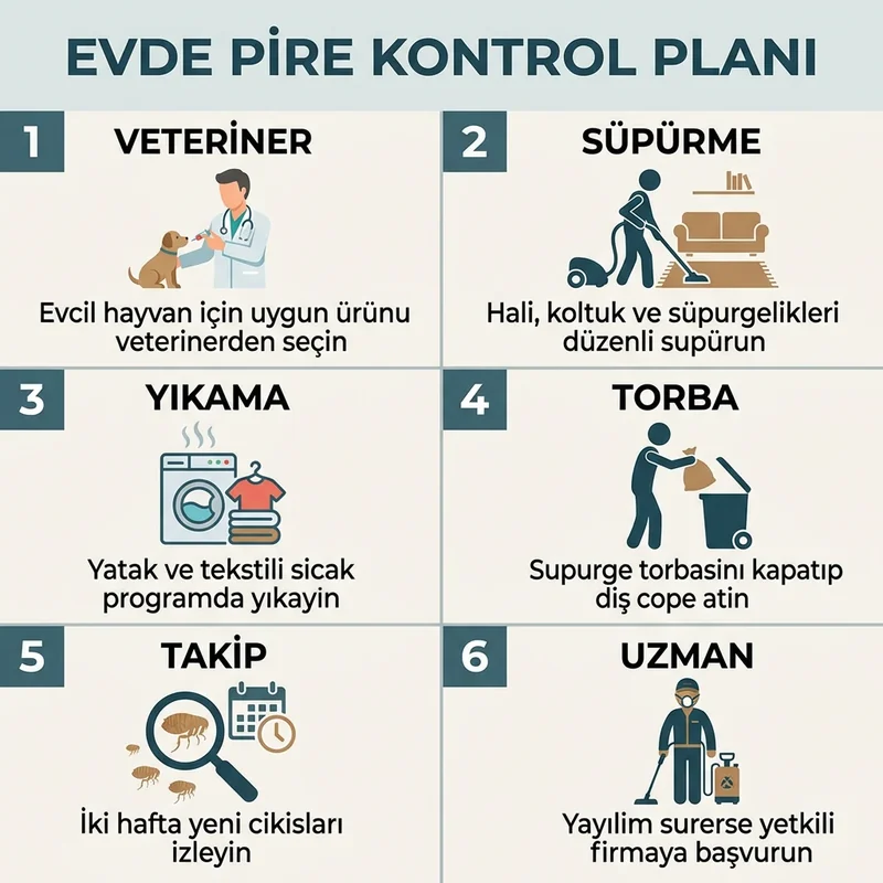 Evde pire kontrol planı: veteriner ürünü, süpürme, tekstil yıkama, torba atma, çatlak takibi ve profesyonel destek