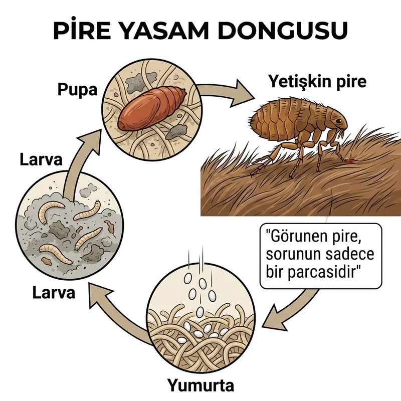 Pire yaşam döngüsü: yumurta, larva, pupa ve yetişkin Ctenocephalides felis aşamaları