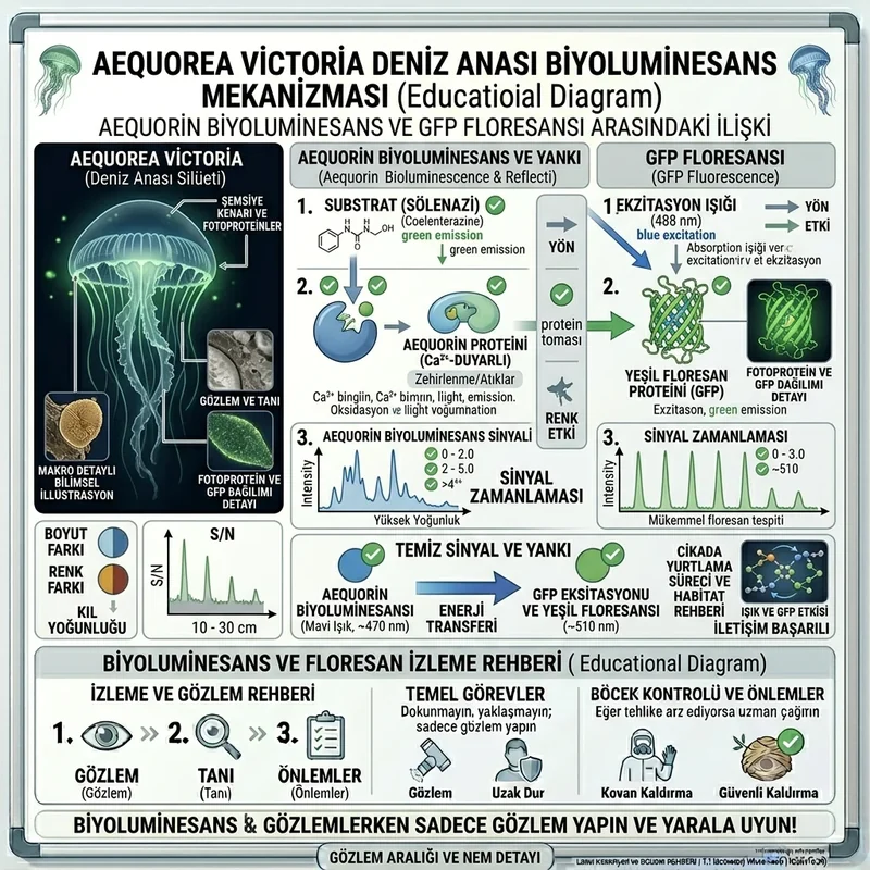 Aequorea victoria denizanasında GFP ve aequorin ilişkisini gösteren şematik görsel