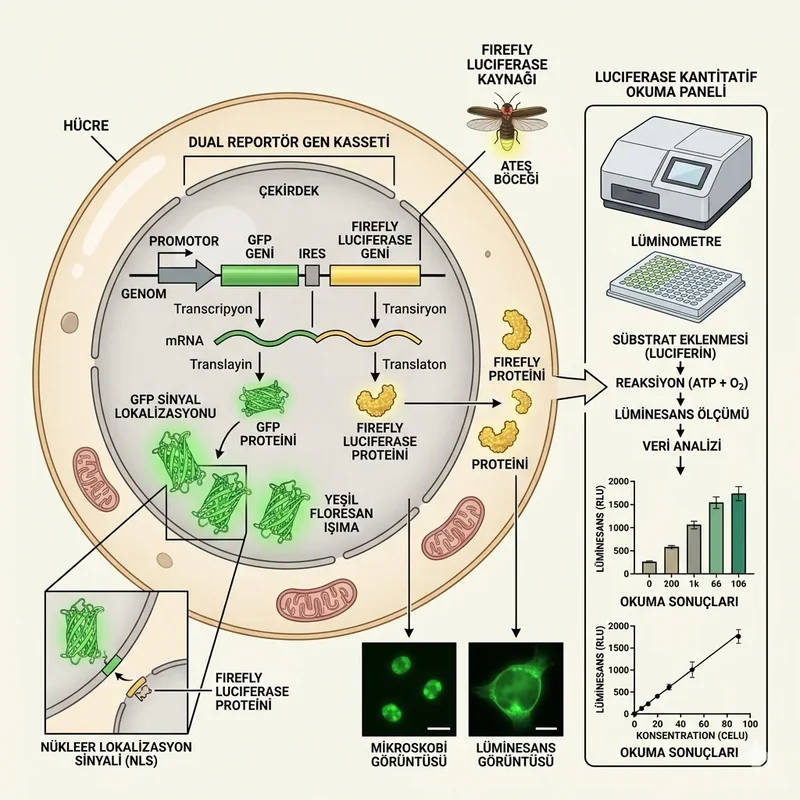GFP ile ateşböceği luciferase dual reporter sistemini anlatan laboratuvar şeması
