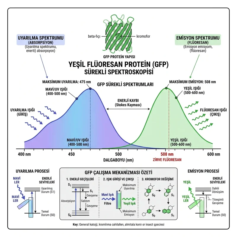 GFP’nin mavi/UV ışıkla uyarılıp 508 nm civarında yeşil ışık yaymasını gösteren grafik