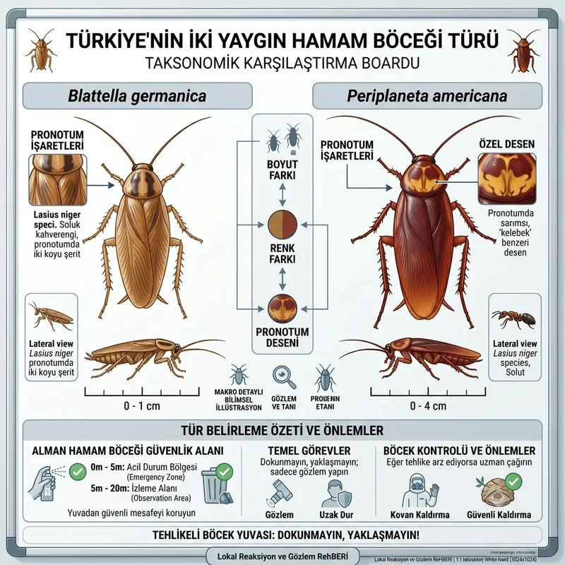 Alman ve Amerikan hamamböceği specimen plate: dorsal görünüm, pronotum çizgileri ve ölçü ölçeği