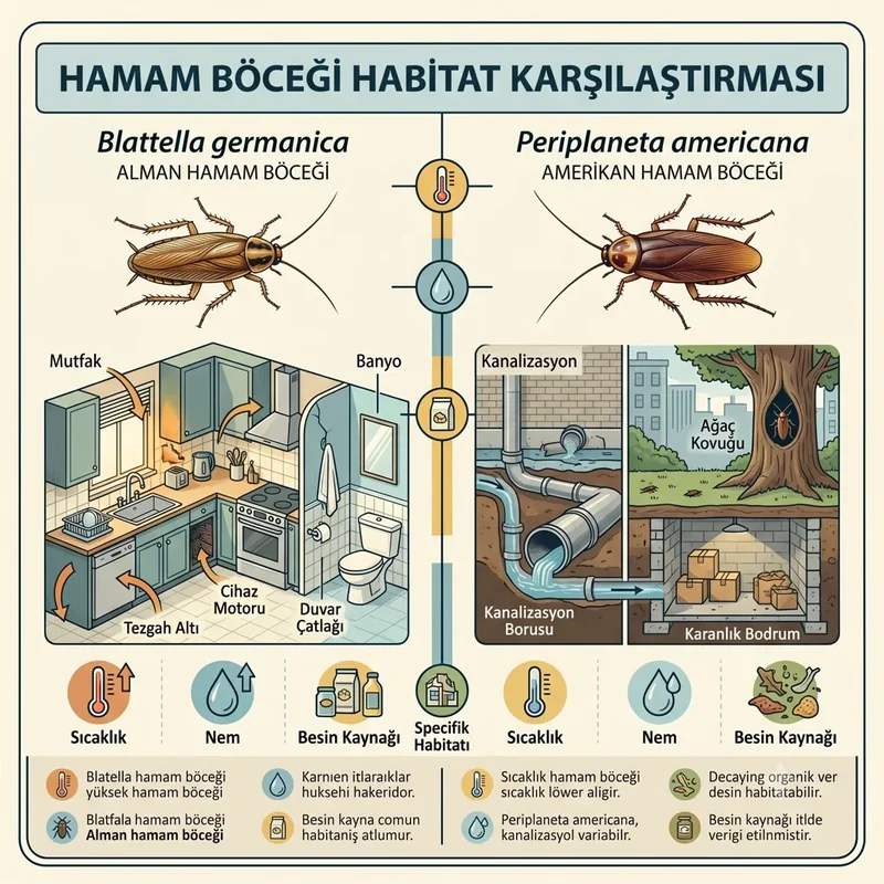 Alman ve Amerikan hamamböceği için yaşam ortamı karşılaştırması; sıcaklık, nem ve yiyecek kaynakları