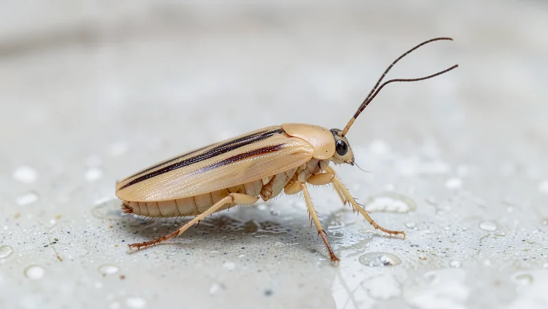 Hamamböceği (Blattodea), ev mutfağında tipik görülüş — uzun antenli ve yassı gövdesi ile gece aktivitesi