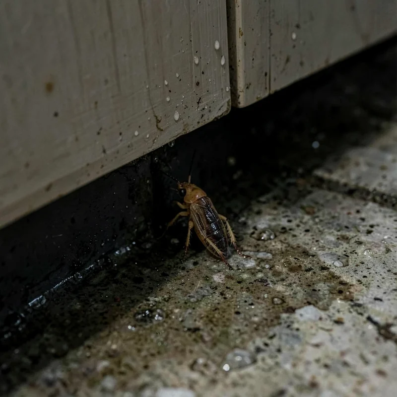 Hamamböceği mutfak ve banyo gibi nemli alanlarda saklanir; duvar boslugu, lavabo altı ve dolap arkası görünümü