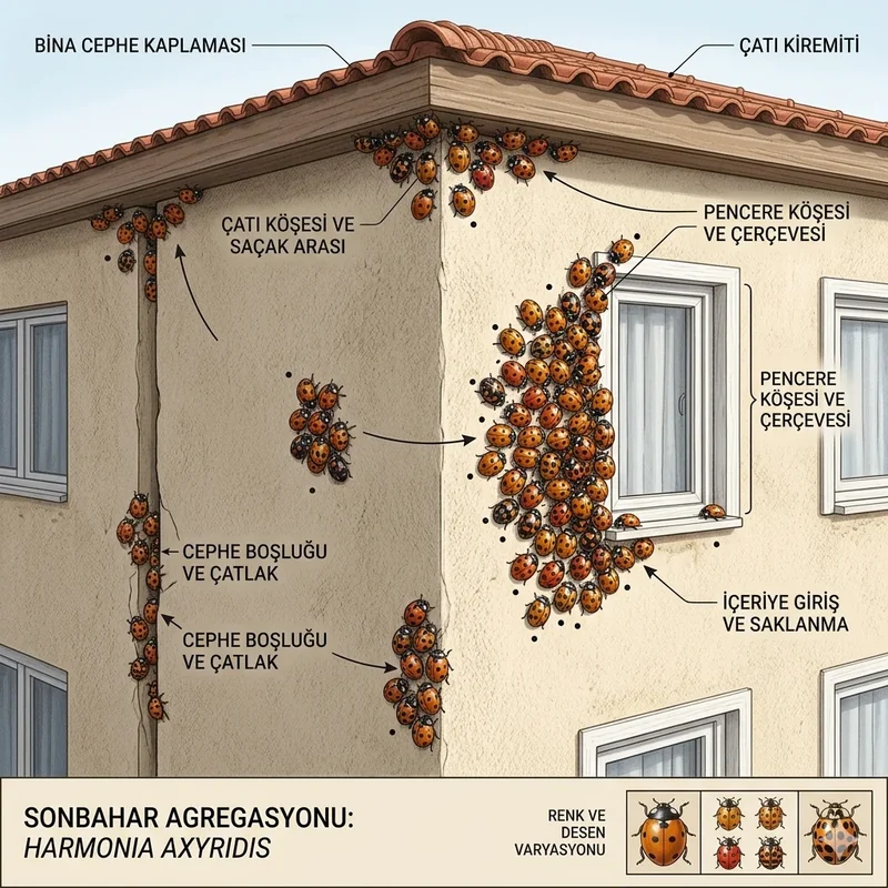 Kışlama topluluğu Sonbaharda pencere ve çatı köşelerinde toplanan uğur böcekleri