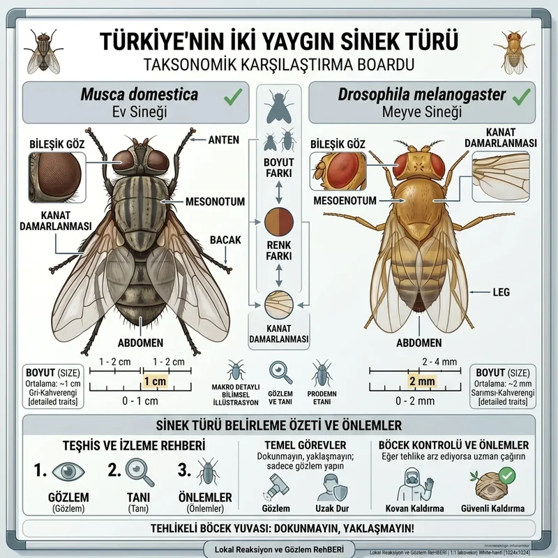 Karasinek ve Drosophila melanogaster specimen plate; dorsal görünüm ve ölçek