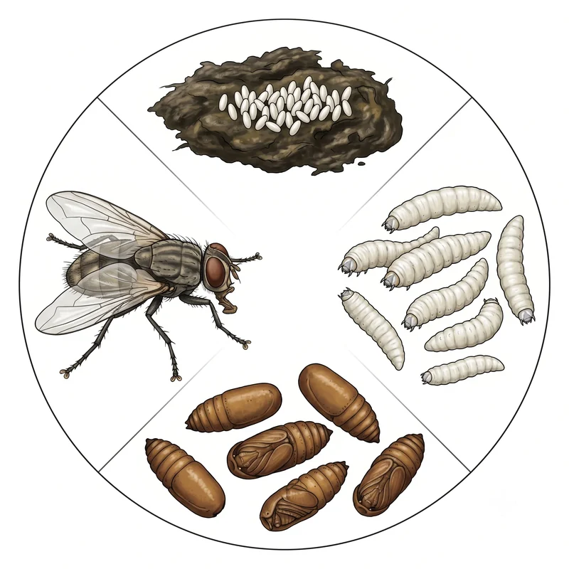 Karasinek yaşam döngüsü — yumurta, larva, pupa, yetişkin