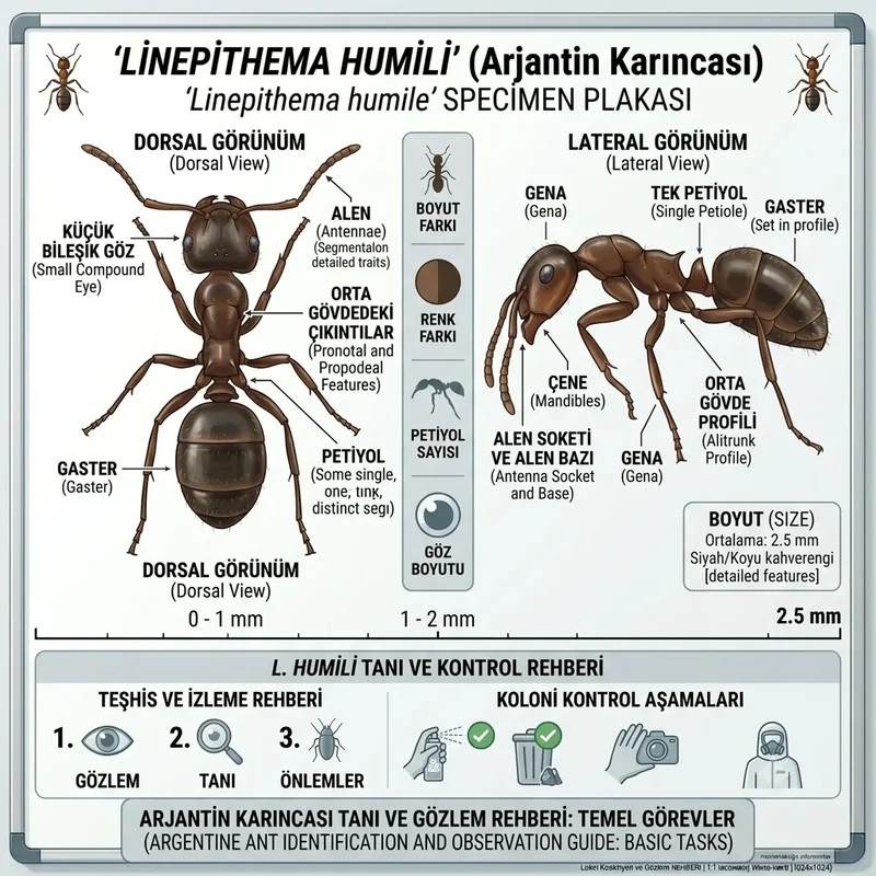 Linepithema humile specimen plate — 2.5 mm, tek petiole, koyu kahverengi