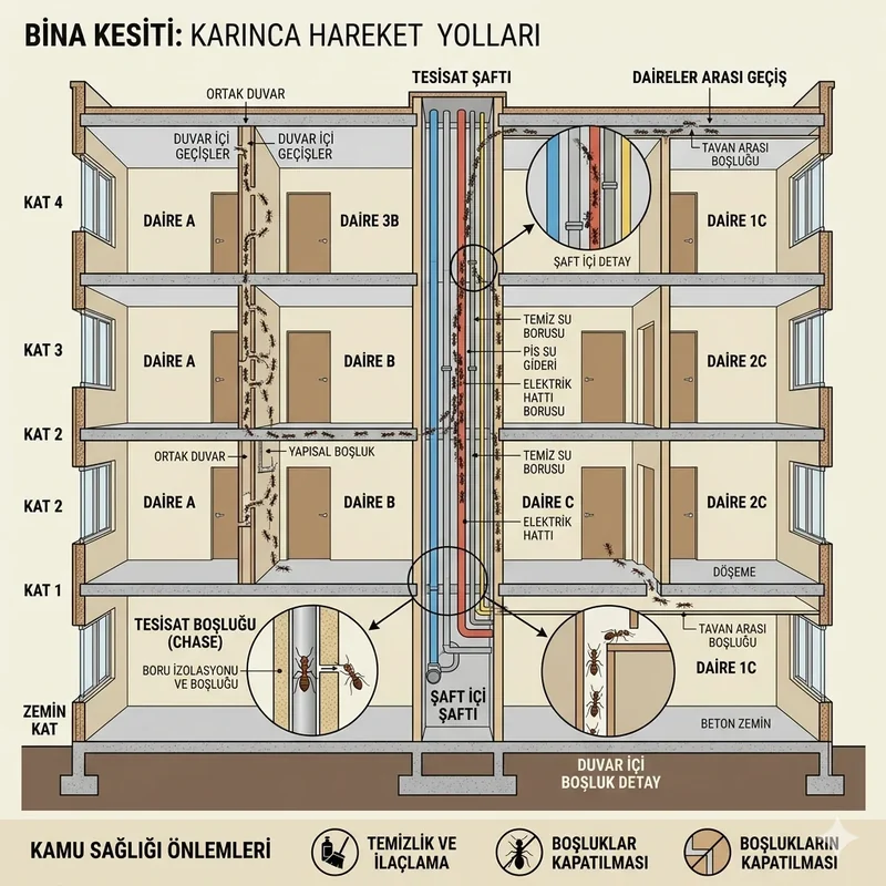 Apartmanda karınca yayılımı — ortak duvar ve şaft hattı