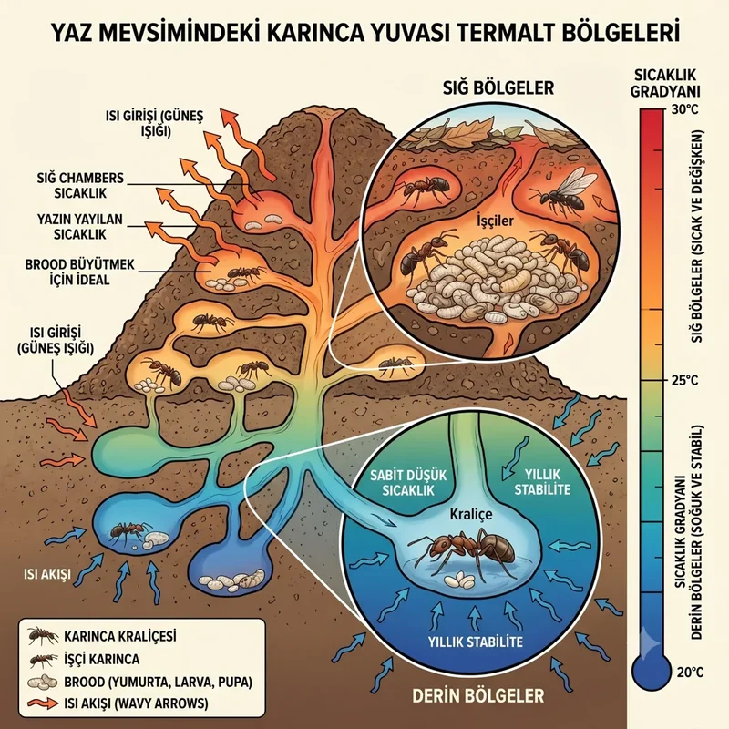 Karınca yuvasında sıcaklık zonları — derin serin, sığ sıcak