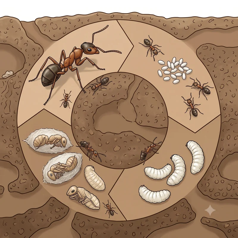 Karınca yaşam döngüsü — yumurta, larva, pupa, yetiskin