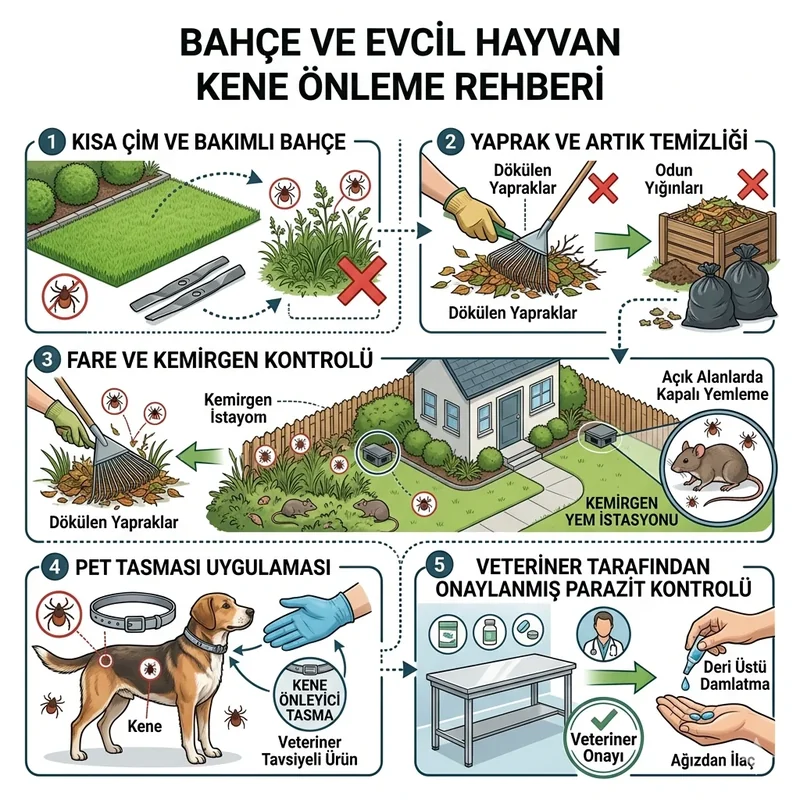 Bahçede çim kısaltma, fare kontrolü ve evcil hayvan tasması ile kene önleme görseli
