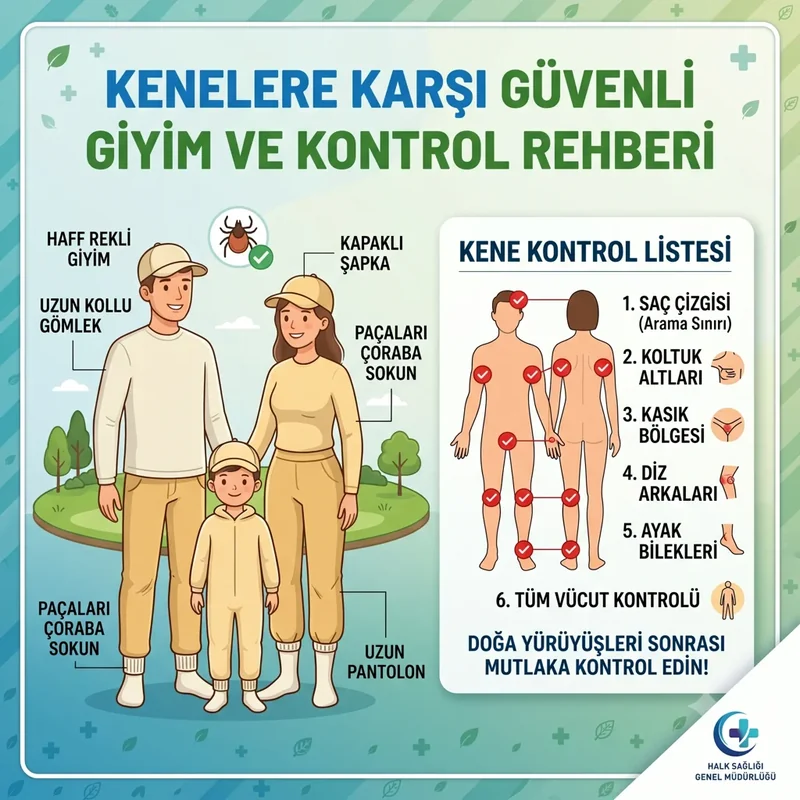 Uzun kol, açık renk kıyafet ve 2 saatte bir vücut kontrolünü gösteren poster