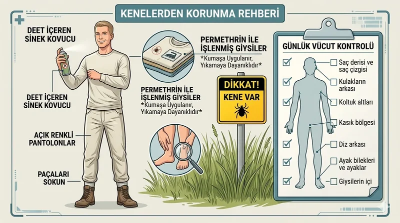 Keneden korunma yöntemleri için repellent, giyim ve kontrol adımlarını gösteren tıbbi kapak görseli
