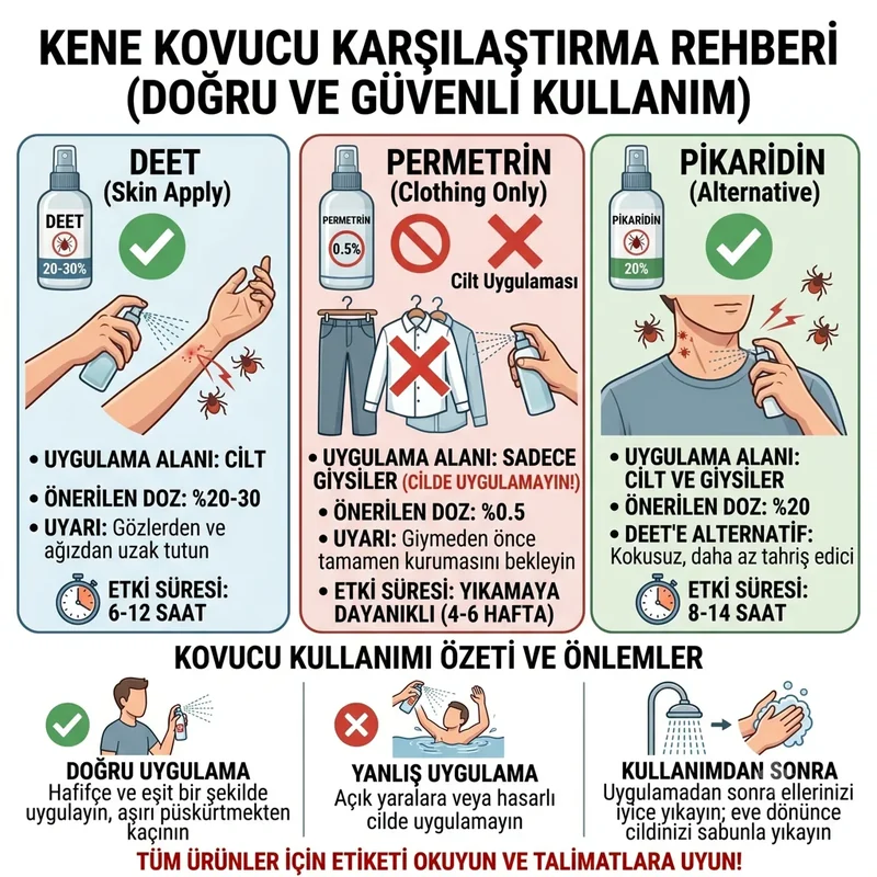 DEET ve permetrin kullanımını gösteren tıbbi eğitim görseli